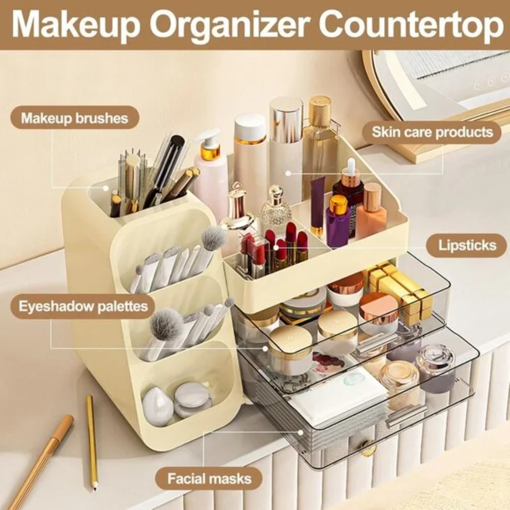 New Makeup Organizer with Drawer, Large Vanity Storage for Skincare & Cosmetics